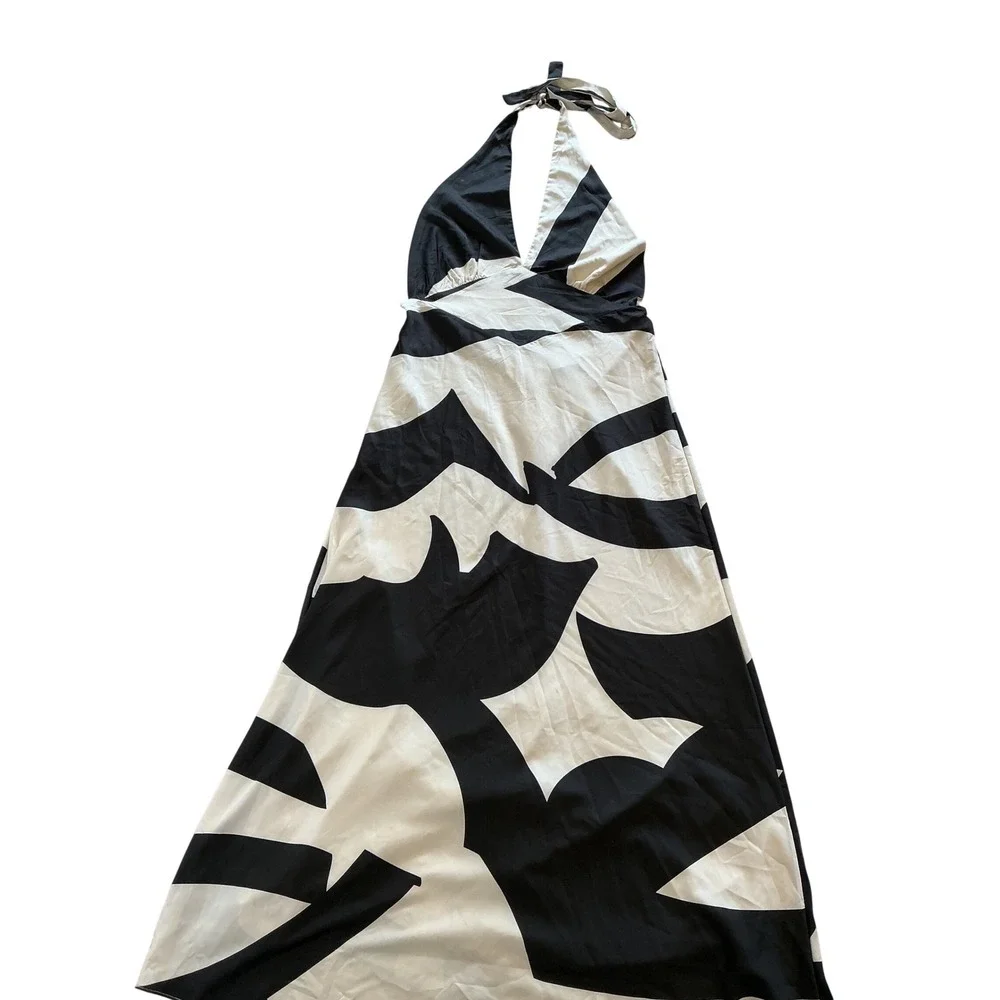 Bardot Black White Abstract Halter Maxi Dress Plunging V-Neck Open Back Size 12